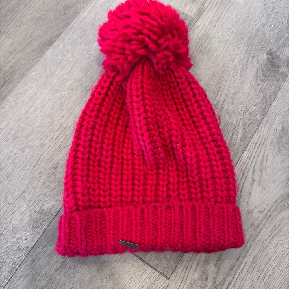 Abercrombie & Fitch Red Cuffed Chunky Knitted Pom-Pom Beanie Acrylic Winter Hat - Picture 2 of 5